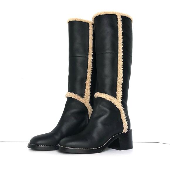 Gucci Shearling Trim Black Leather Knee High Pull On Riding Boots 37 - Picture 3 of 10